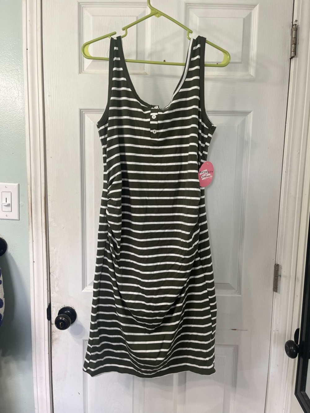 Maternity Olive Green & White Striped Sleeveless Midi Dress